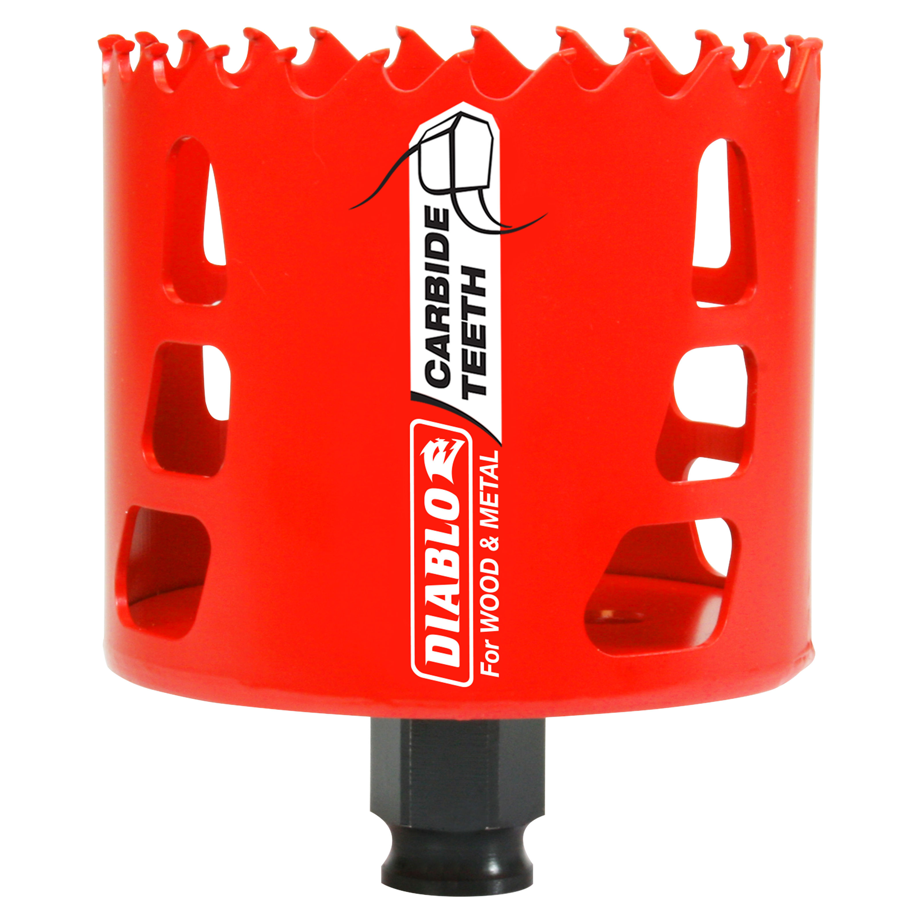 Red cylindrical carbide-tipped holesaw with jagged cutting edge and black shank attachment.