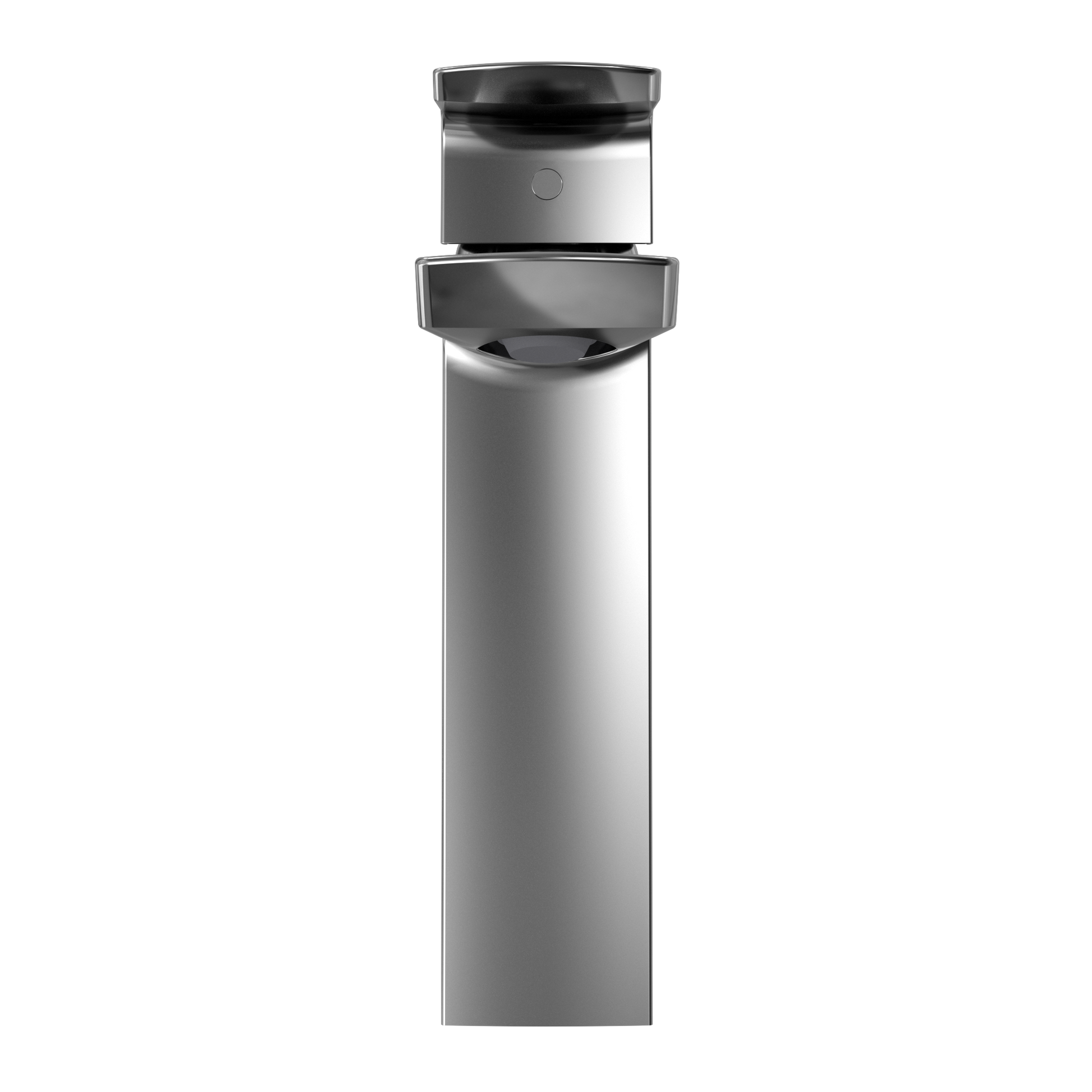 Polished chrome single-handle bathroom sink faucet with tall cylindrical spout and black accents.