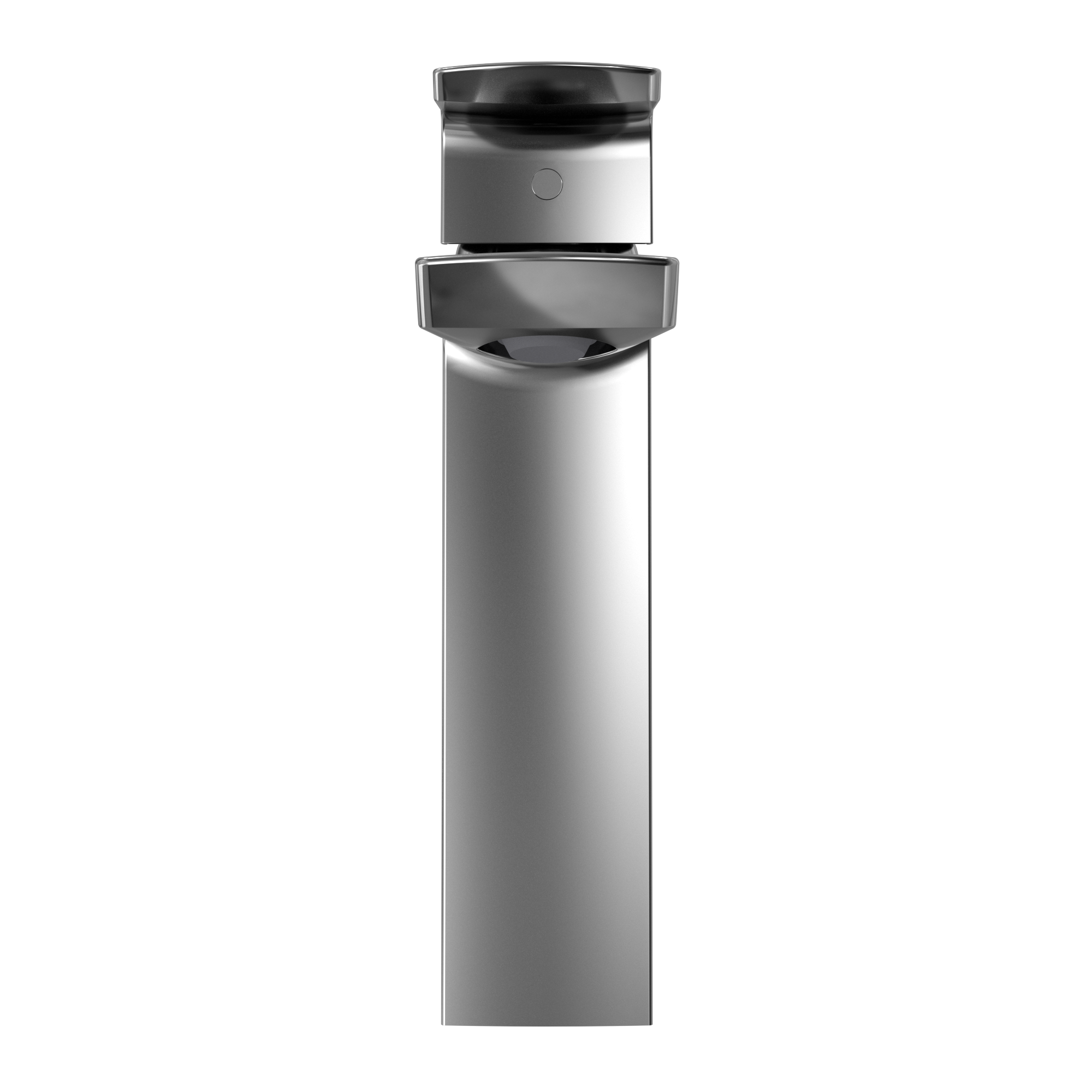 Polished chrome single-handle bathroom sink faucet with tall cylindrical spout and black accents.