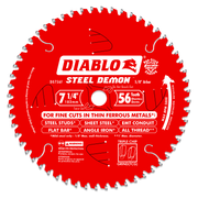Red circular saw blade with 56 carbide-tipped teeth and 5/8" arbor hole, labeled Steel Demon for metal cutting.