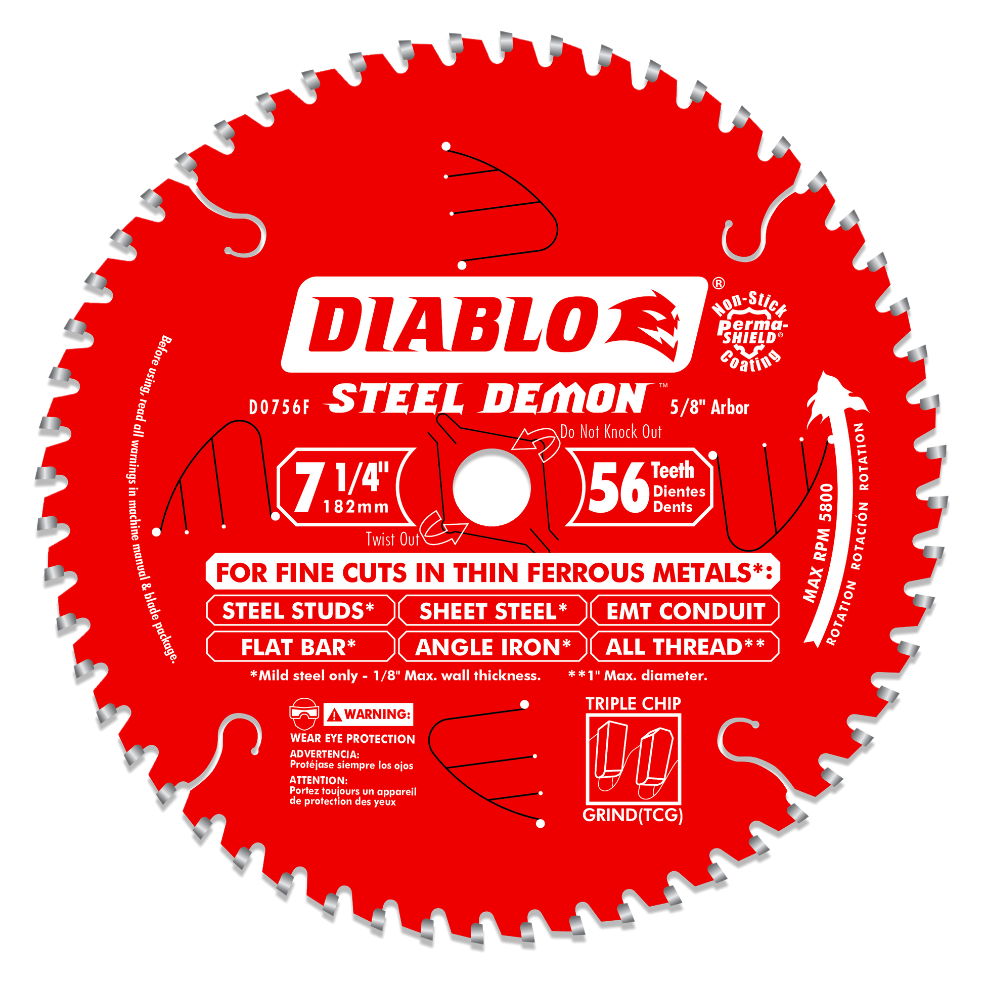 Red circular saw blade with 56 carbide-tipped teeth and 5/8" arbor hole, labeled Steel Demon for metal cutting.