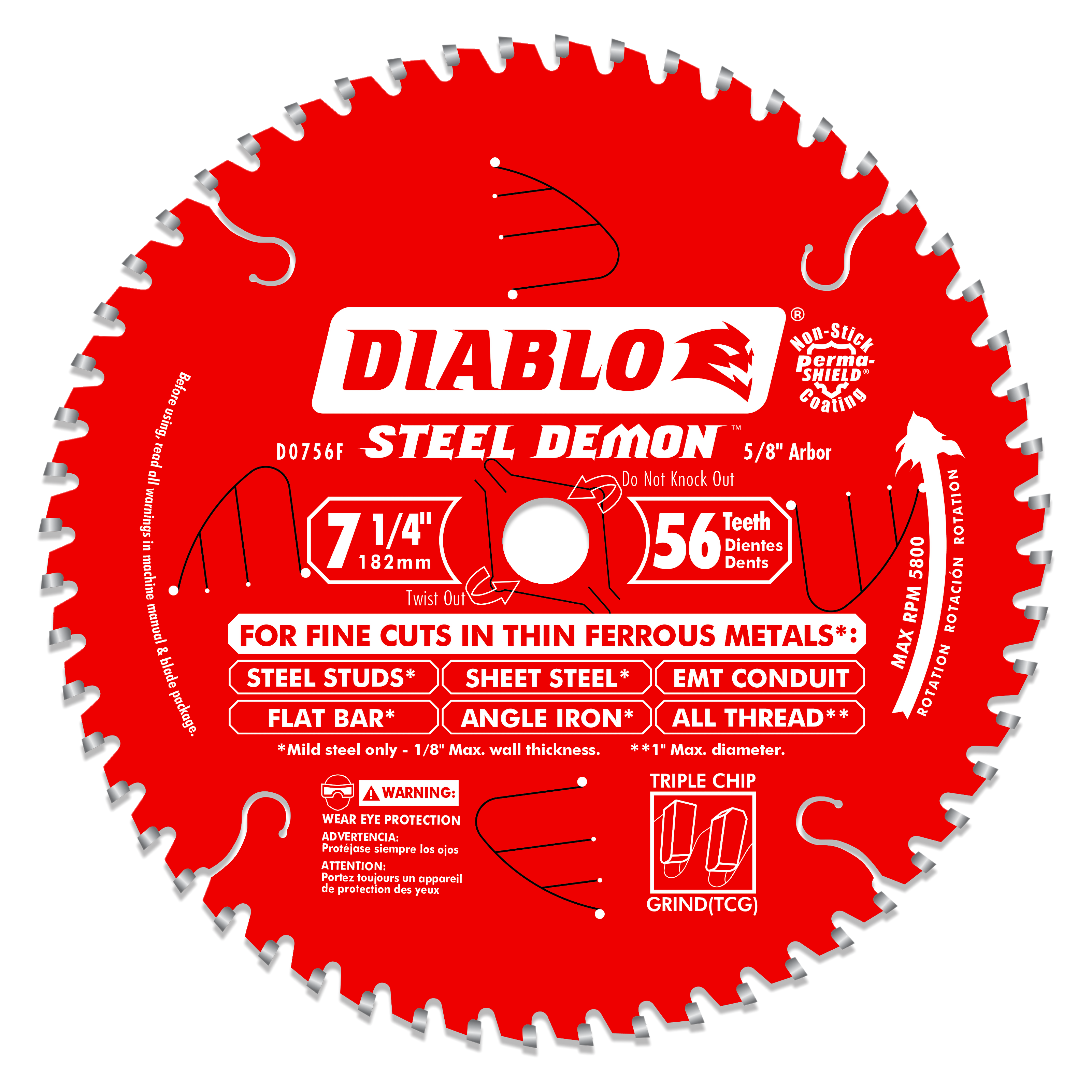 Red circular saw blade with 56 carbide-tipped teeth and 5/8" arbor hole, labeled Steel Demon for metal cutting.