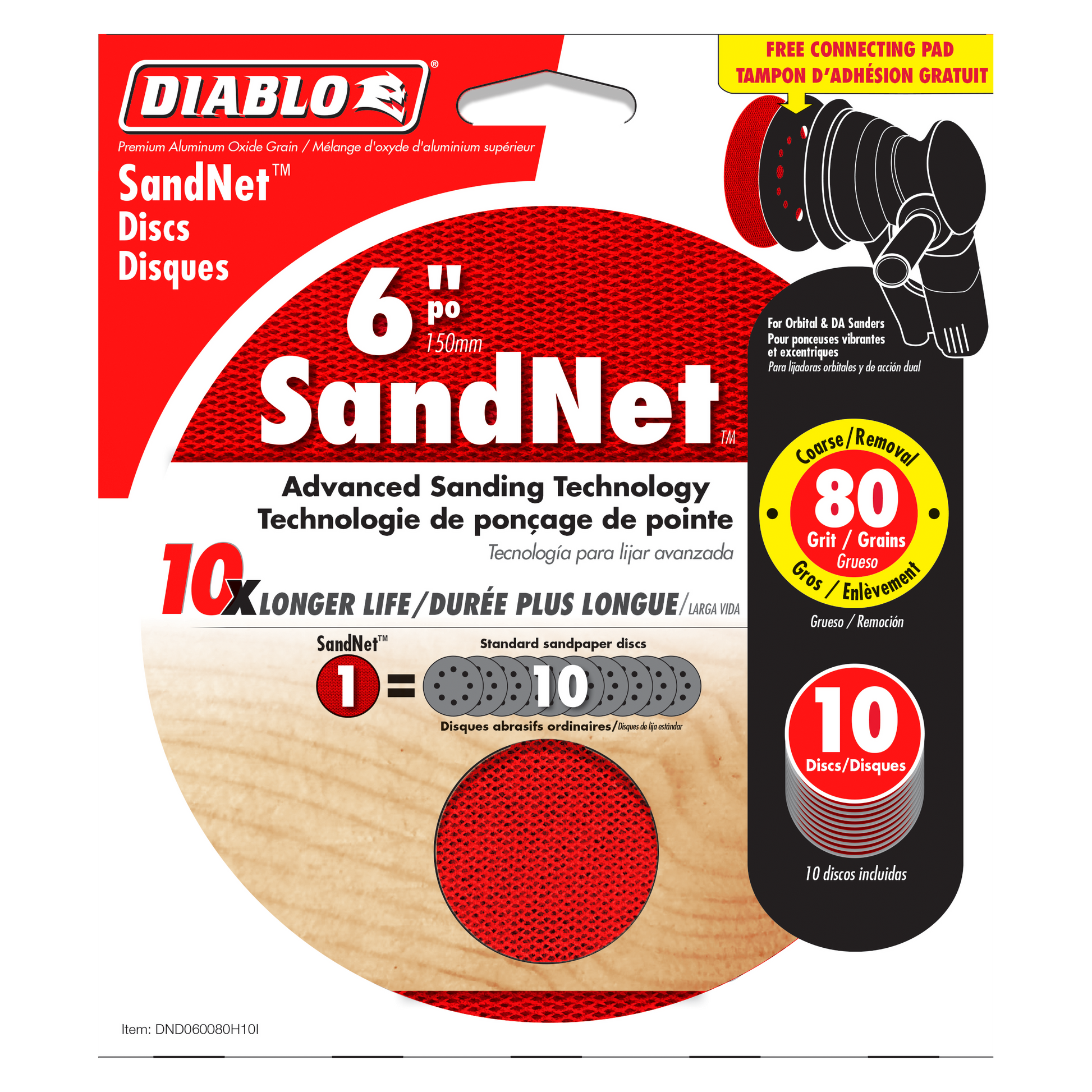Six-inch red SandNet sanding discs with 80-grit coarse surface and included black connecting pad shown in 10-pack packaging.
