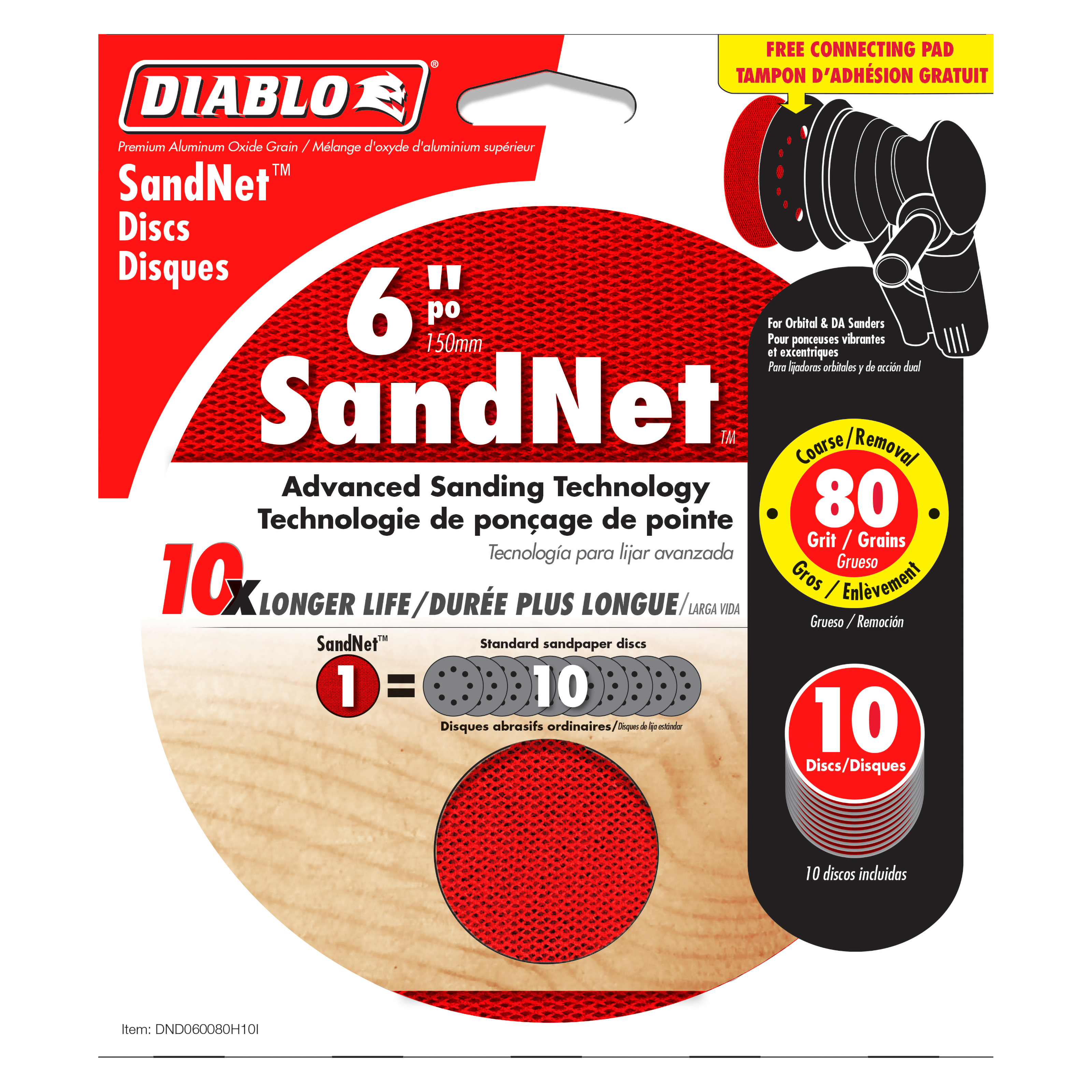 Six-inch red SandNet sanding discs with 80-grit coarse surface and included black connecting pad shown in 10-pack packaging.
