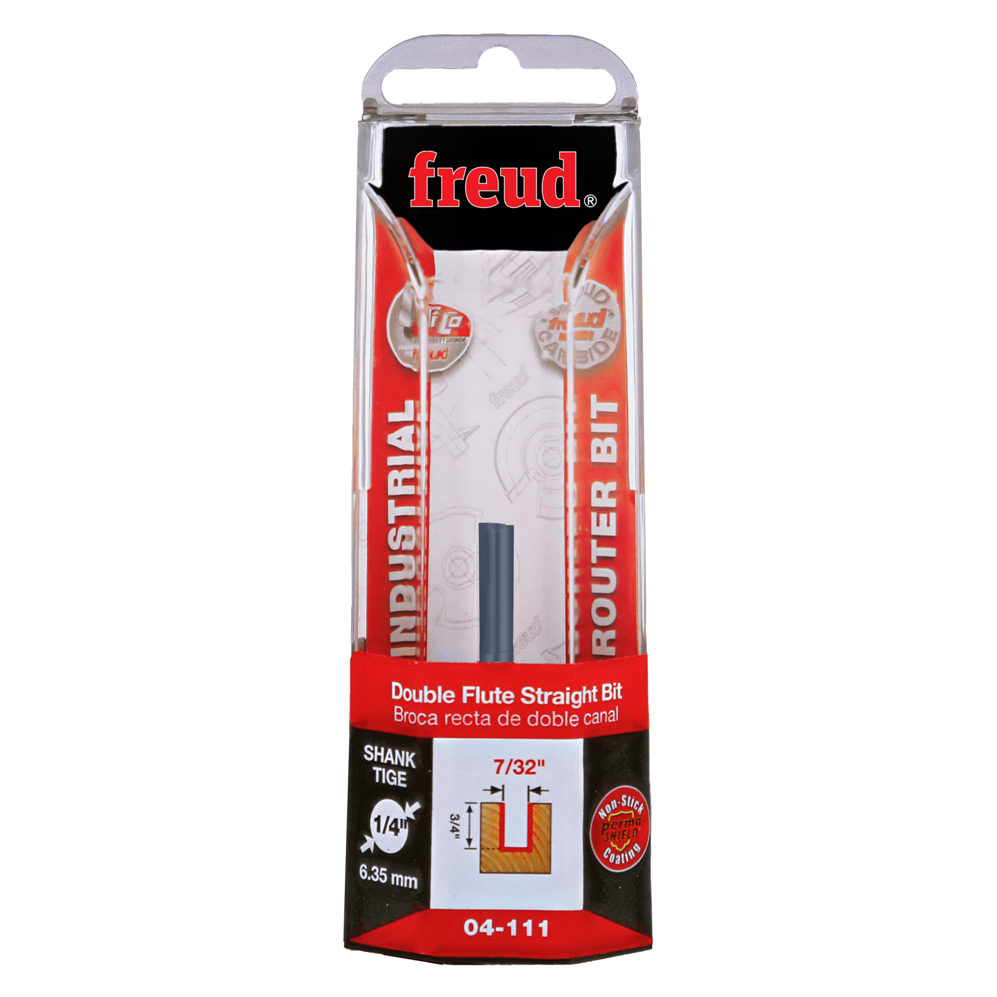 Freud 7/32" diameter double flute straight router bit with 1/4" shank in clear plastic clamshell packaging.