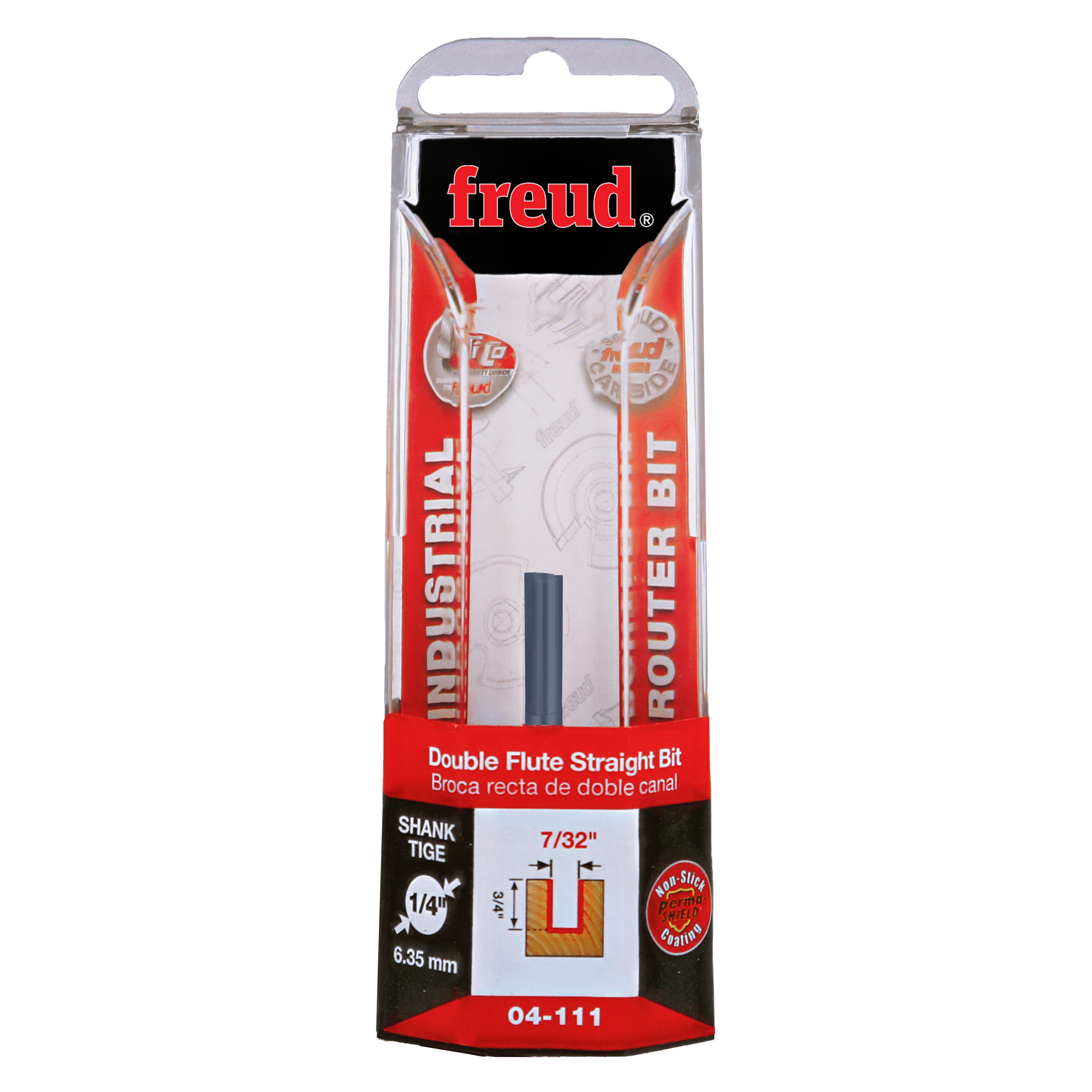 Freud 7/32" diameter double flute straight router bit with 1/4" shank in clear plastic clamshell packaging.