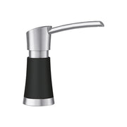 Stainless steel and coal black soap dispenser with curved spout and tapered base design.