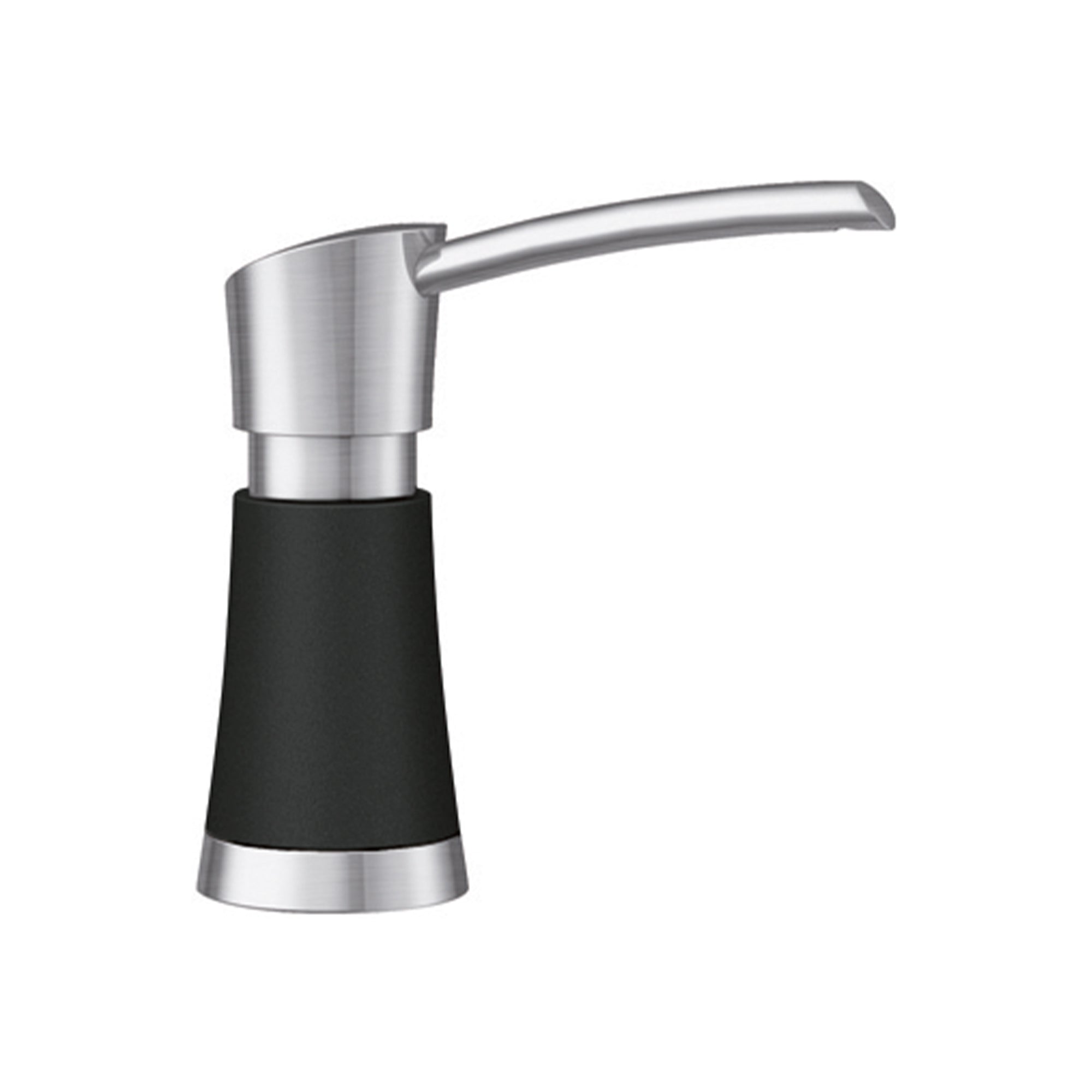 Stainless steel and coal black soap dispenser with curved spout and tapered base design.