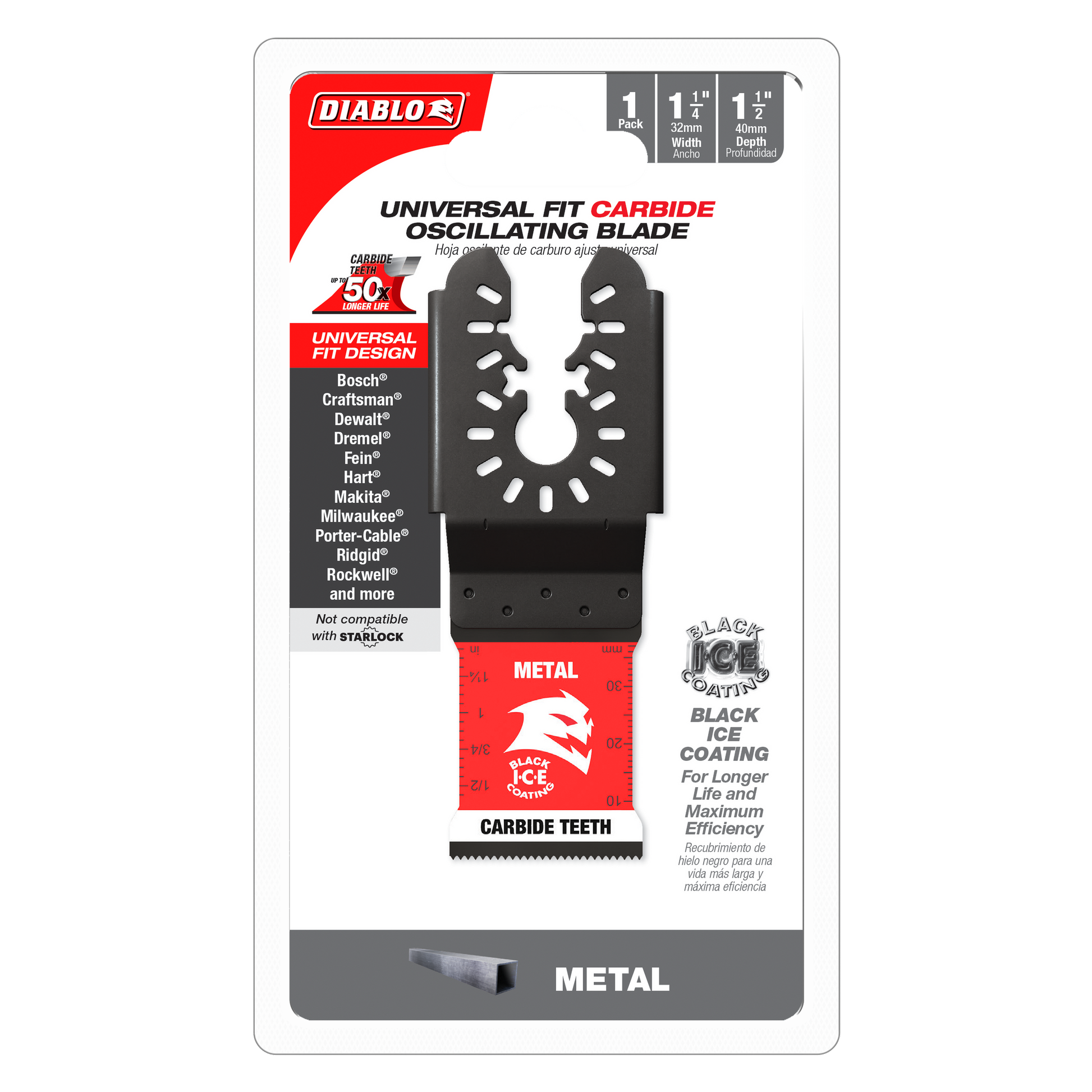 Diablo 1-1/4 inch carbide oscillating blade with black ice coating and universal fit design for metal cutting.