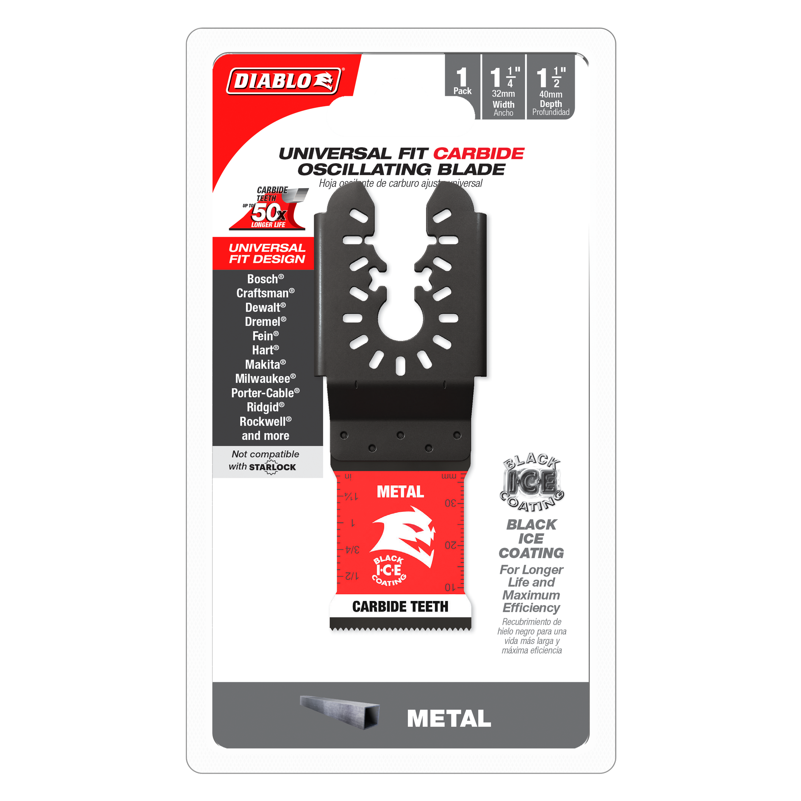 Diablo 1-1/4 inch carbide oscillating blade with black ice coating and universal fit design for metal cutting.
