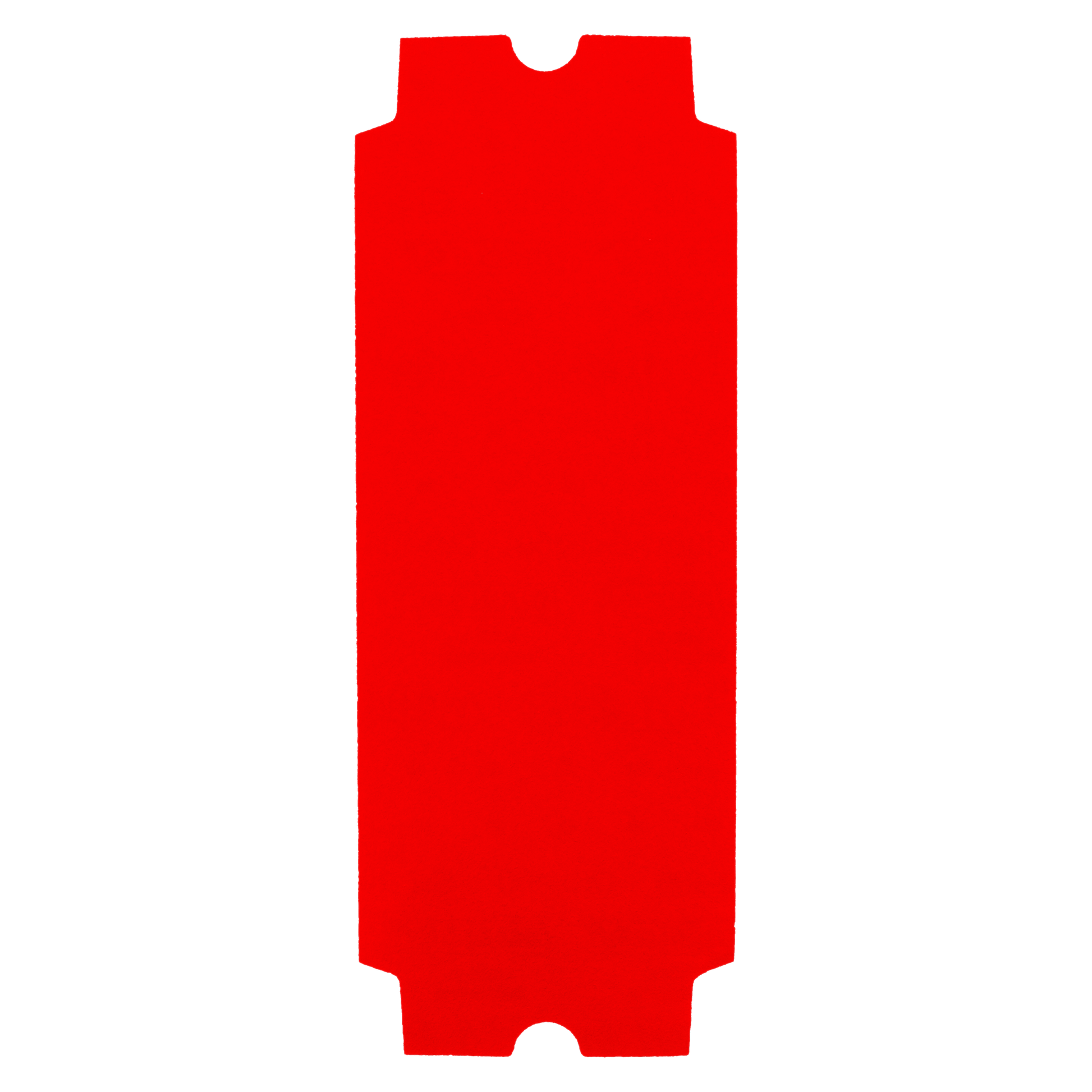 Red rectangular drywall sanding sheet with notched edges on long sides.