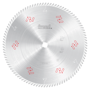 14-inch circular saw blade with fine teeth and center arbor hole, labeled Freud.