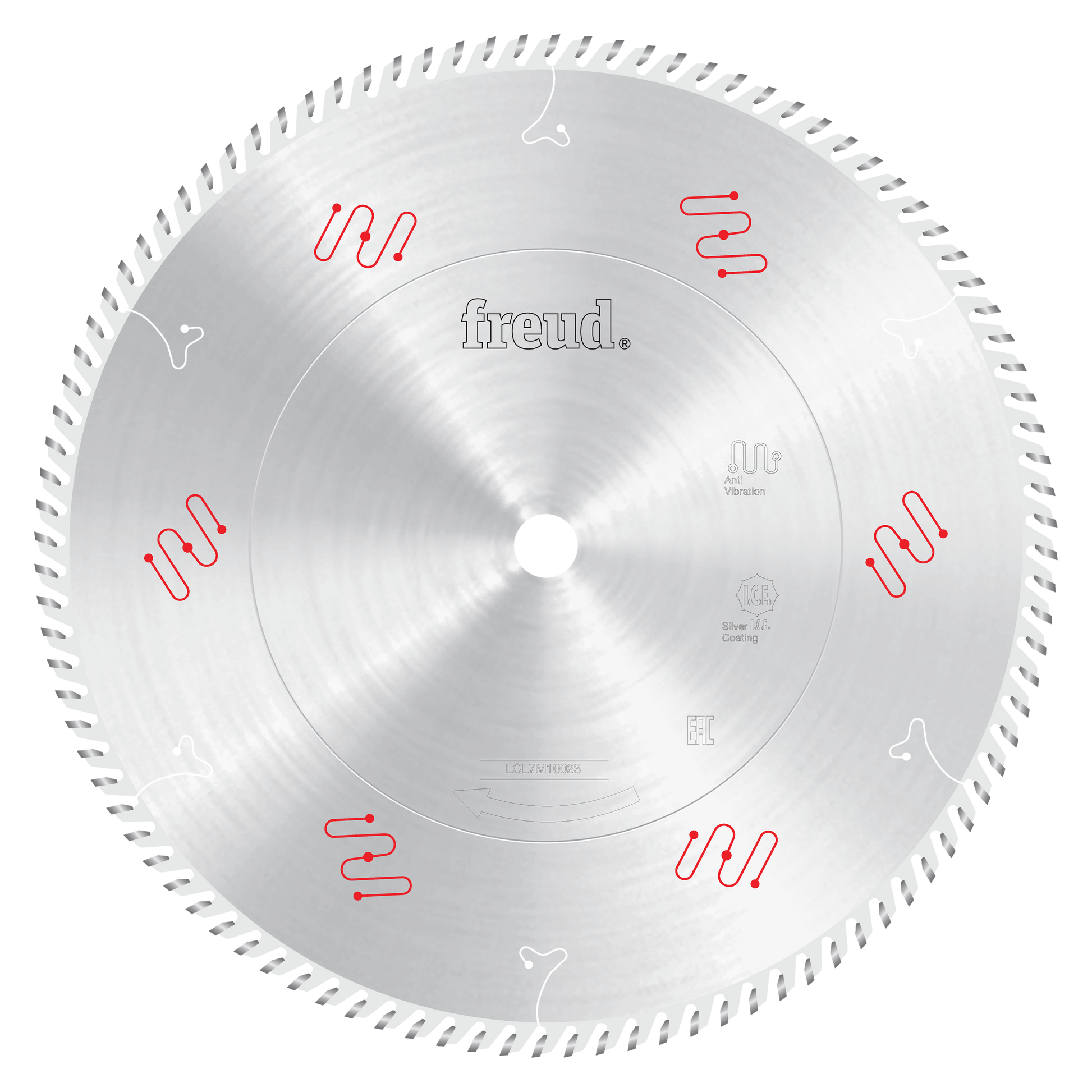 14-inch circular saw blade with fine teeth and center arbor hole, labeled Freud.