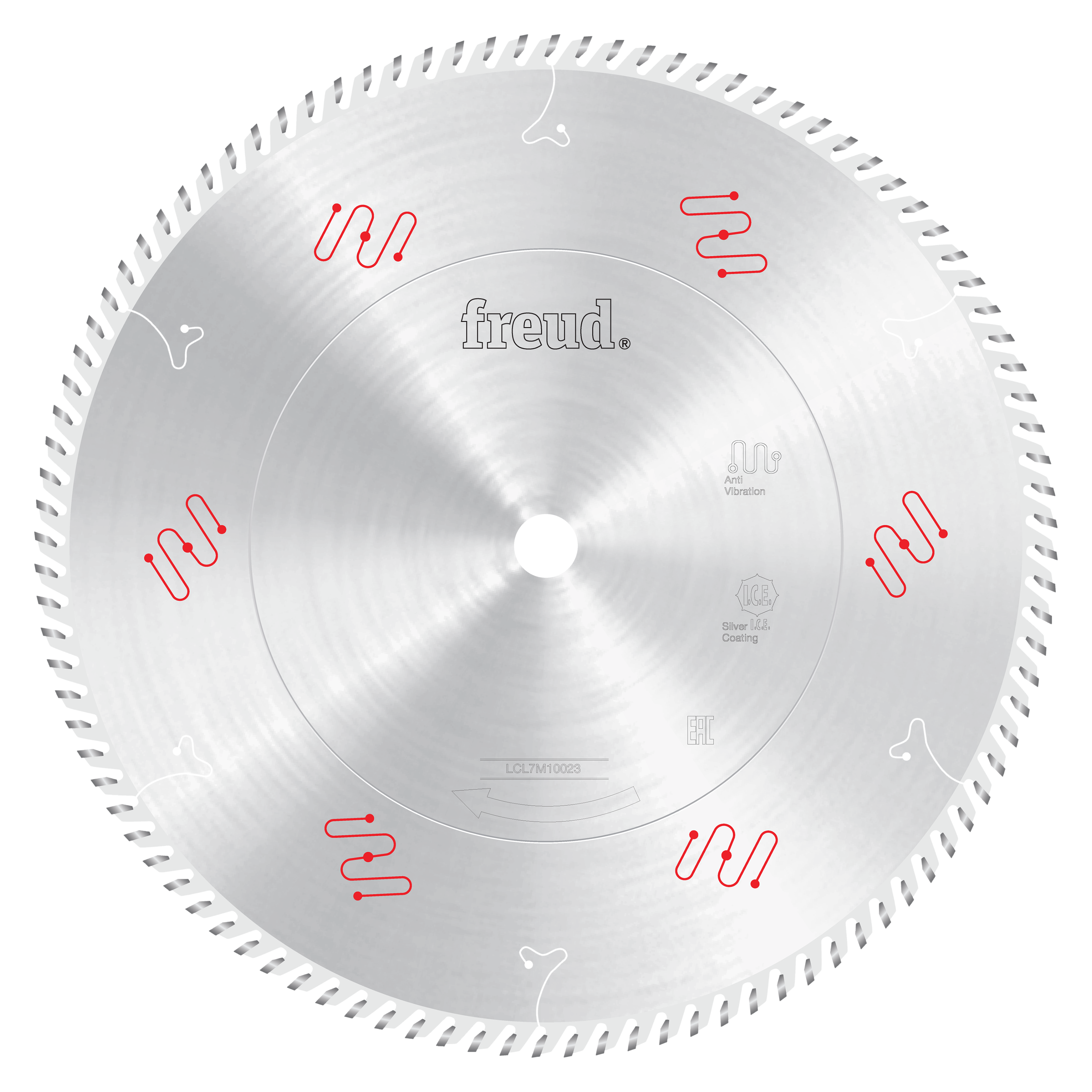 14-inch circular saw blade with fine teeth and center arbor hole, labeled Freud.