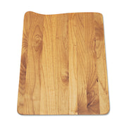 Rectangular wood cutting board with rounded corners and natural grain patterns in light and medium brown tones.