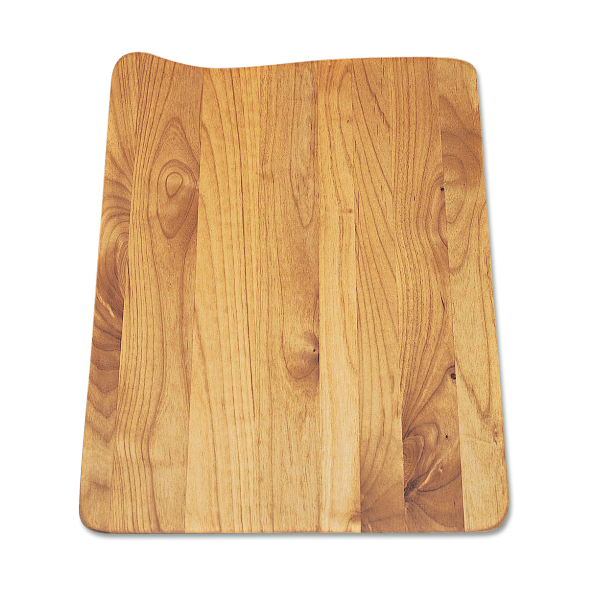 Rectangular wood cutting board with rounded corners and natural grain patterns in light and medium brown tones.
