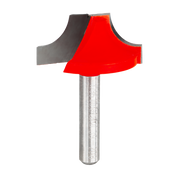 Router bit with red cutting edges and silver metal shank featuring rounded ovolo profile on both sides.