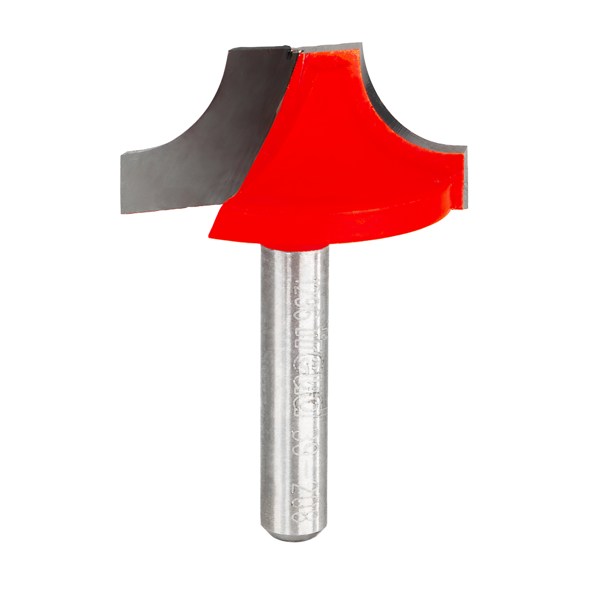 Router bit with red cutting edges and silver metal shank featuring rounded ovolo profile on both sides.