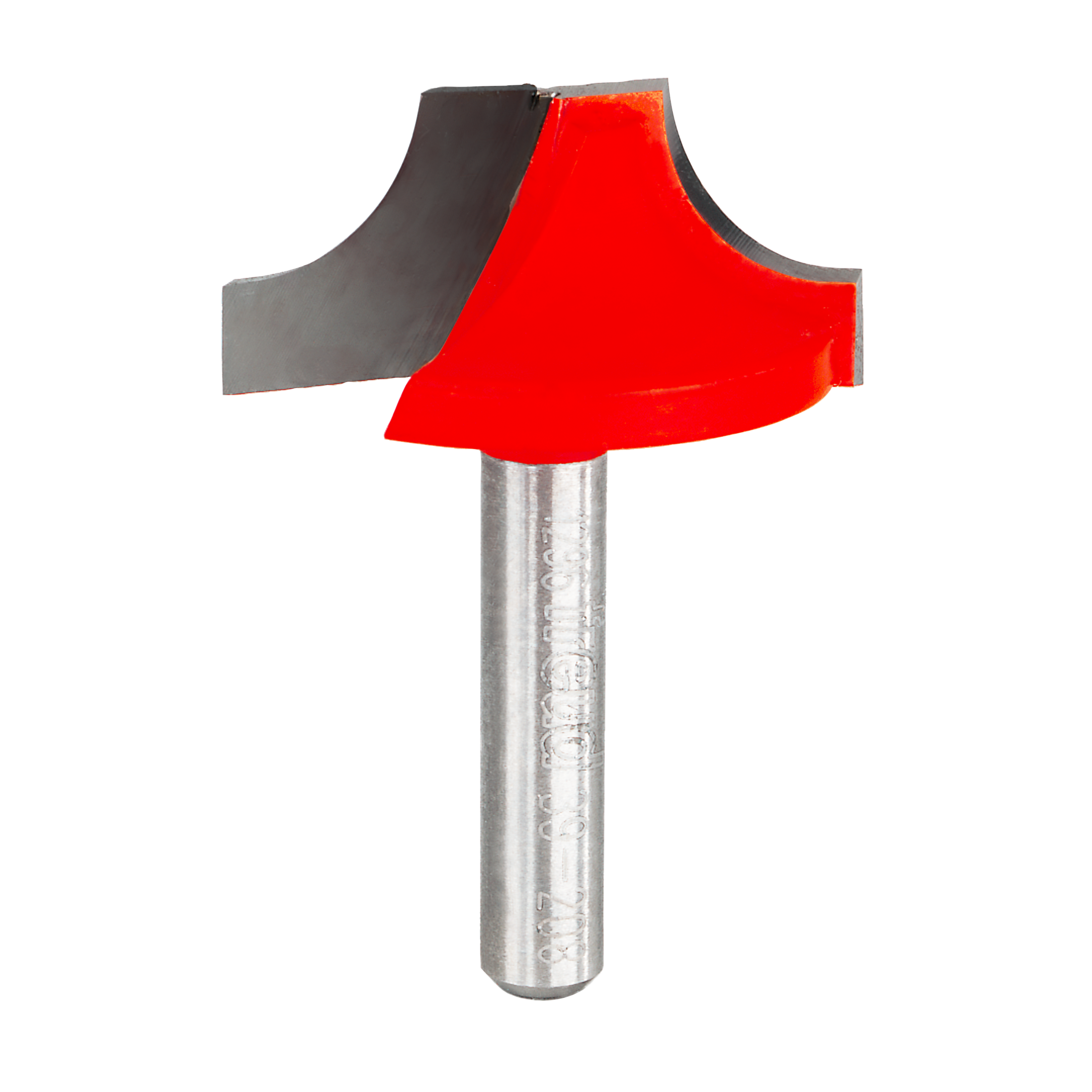 Router bit with red cutting edges and silver metal shank featuring rounded ovolo profile on both sides.