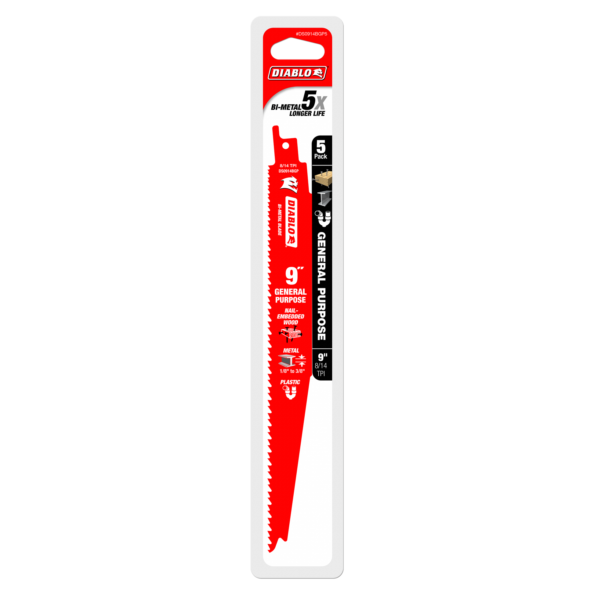 Five red bi-metal reciprocating saw blades with serrated edges on white packaging card labeled "Diablo 5X Longer Life."