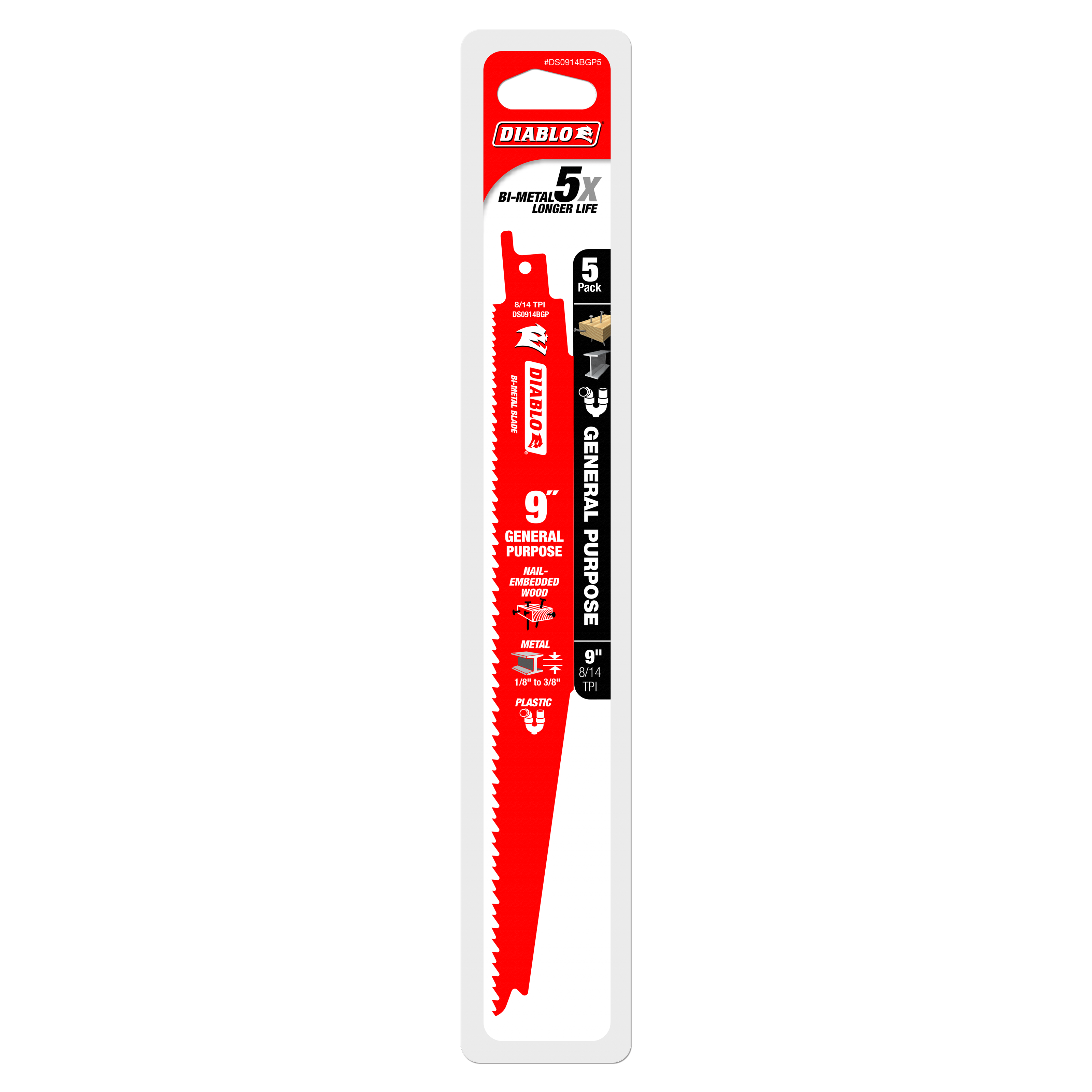 Five red bi-metal reciprocating saw blades with serrated edges on white packaging card labeled "Diablo 5X Longer Life."