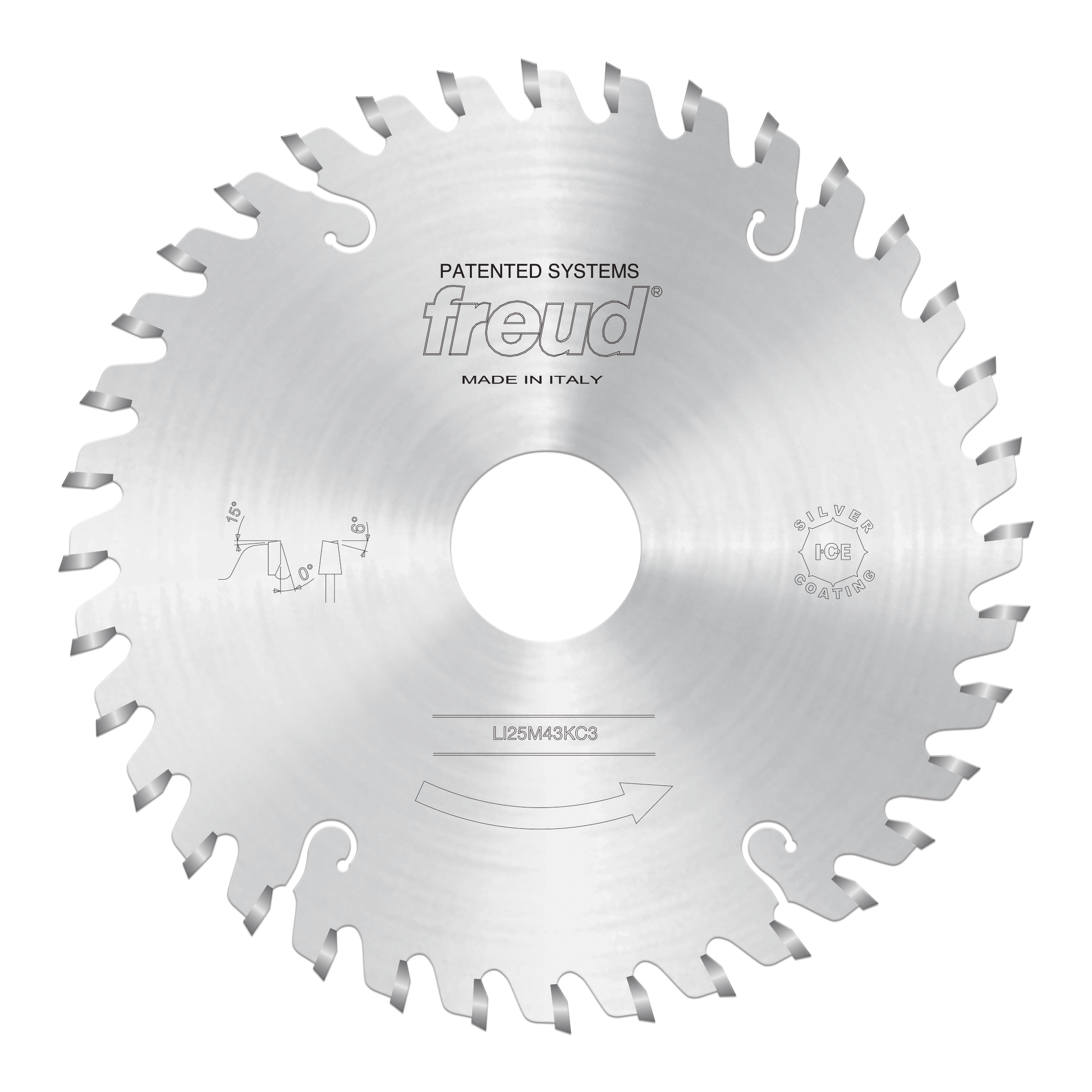 Freud 150mm conical scoring saw blade with multiple teeth and center bore, marked "Made in Italy."