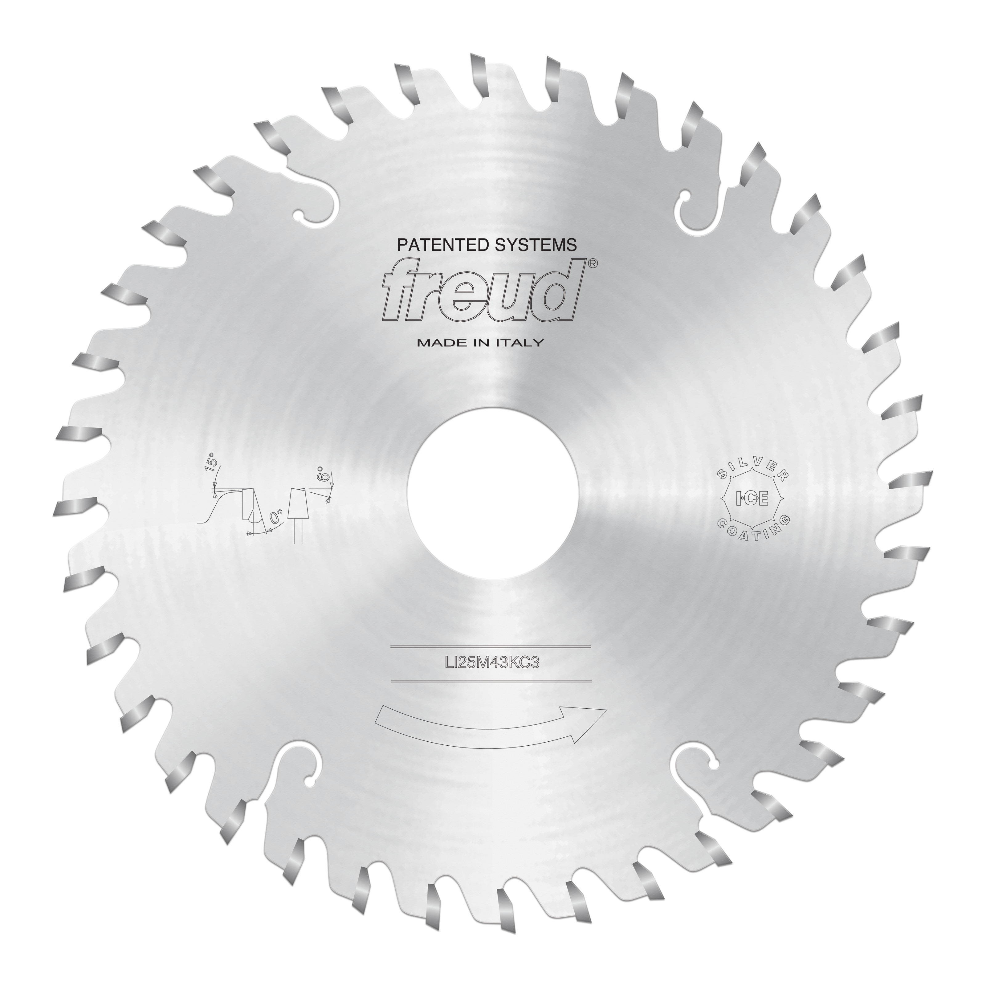 Freud 150mm conical scoring saw blade with multiple teeth and center bore, marked "Made in Italy."
