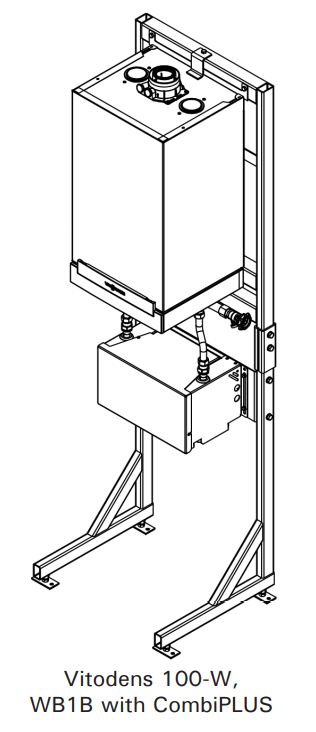 Viessmann boiler stand with vertical frame support for wall-mounted boiler and lower cabinet assembly.