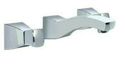 Chrome wall-mounted bathroom faucet with square handles and curved spout.