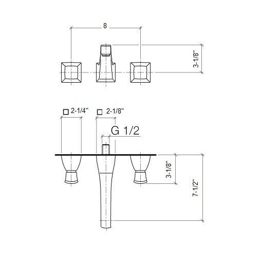 Wall-mounted three-hole bathroom faucet with square handles and vertical spout, technical specification diagram with measurem