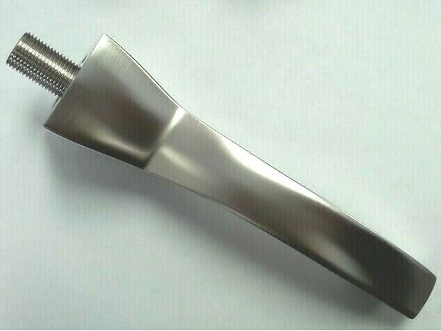 Brushed stainless steel wall-mounted faucet spout with tapered conical design and threaded connection fitting.