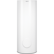 White cylindrical Viessmann water heater tank with brand logo at top and circular access panel at bottom.
