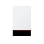 Viessmann wall-mounted condensing boiler with white upper panel and black control interface at base.