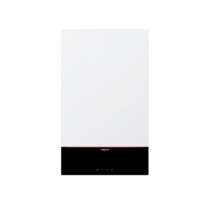Viessmann wall-mounted condensing boiler with white upper panel and black control interface at base.
