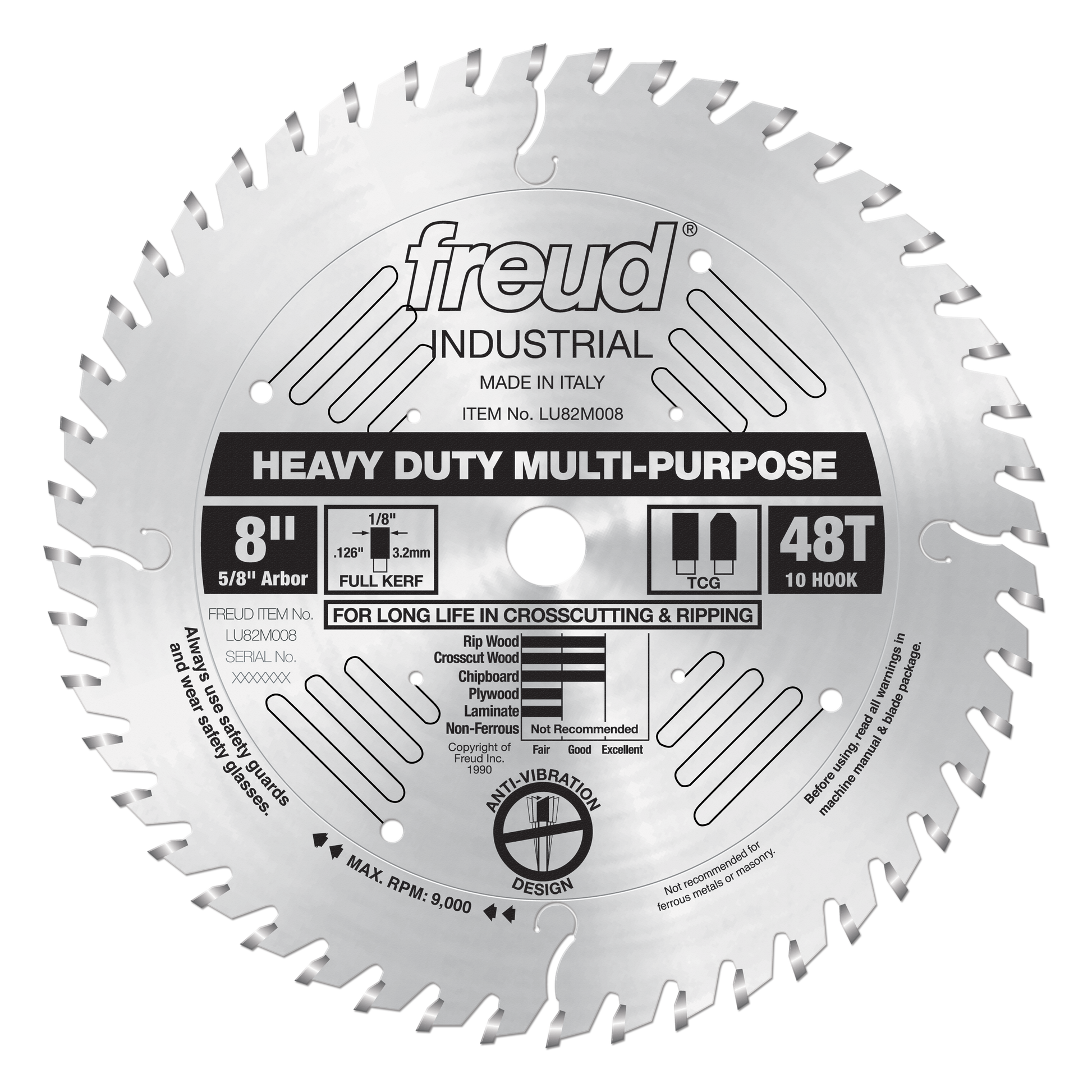 8" circular saw blade with 48 teeth, TCG design, 5/8" arbor, full kerf, labeled for crosscutting and ripping.