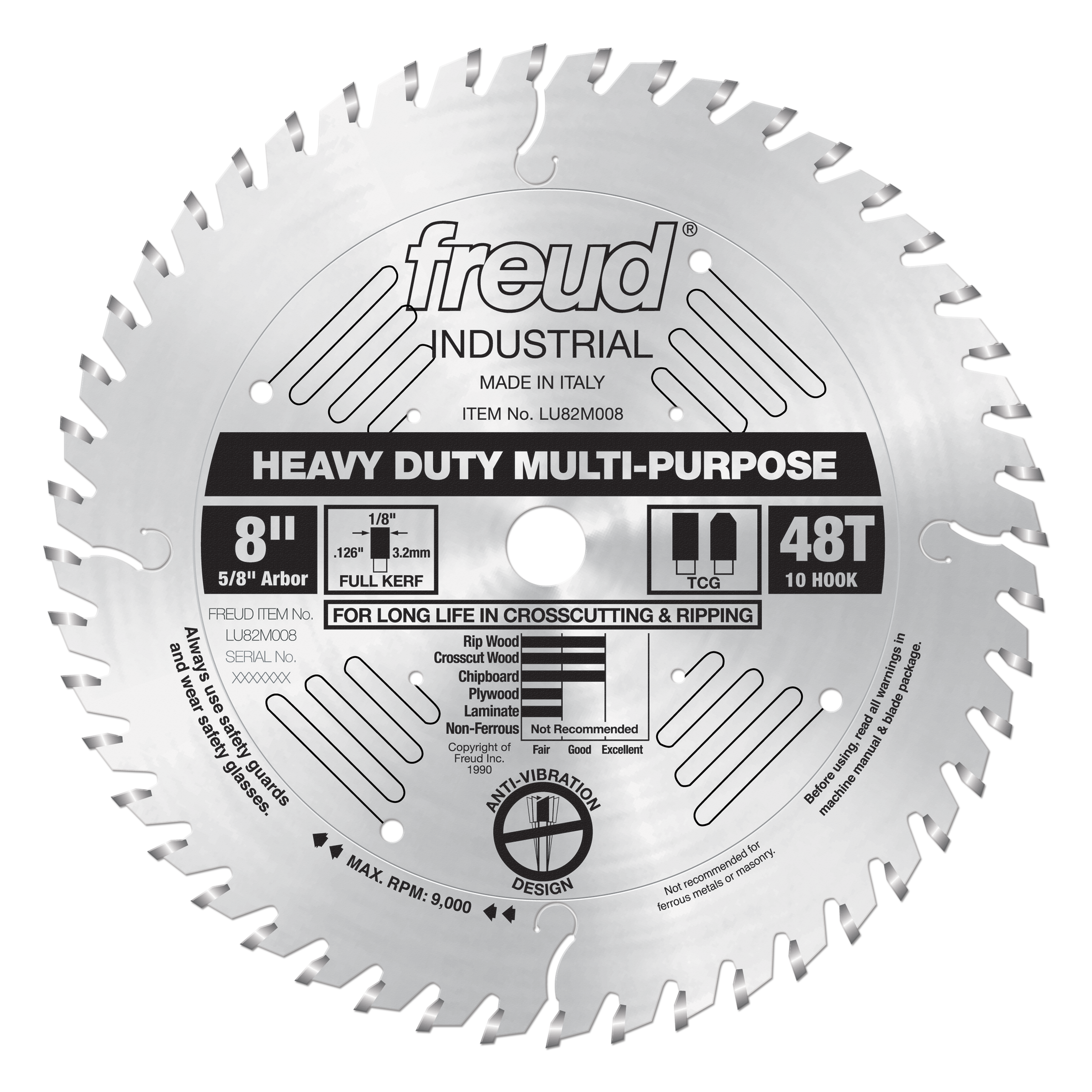 8" circular saw blade with 48 teeth, TCG design, 5/8" arbor, full kerf, labeled for crosscutting and ripping.
