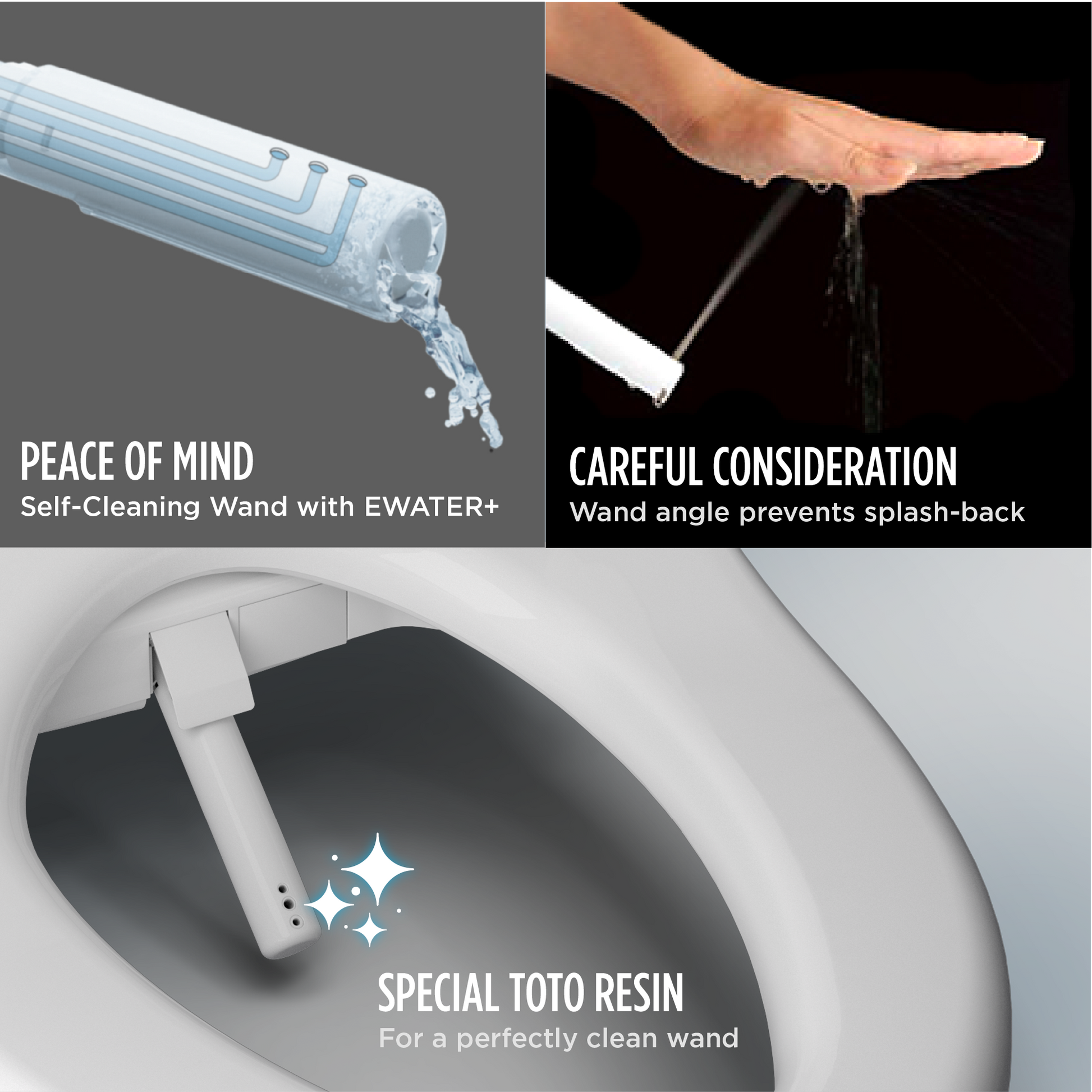 White elongated bidet seat with self-cleaning wand, angled nozzle, and remote control attachment.