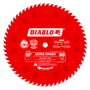 Red circular saw blade with 80 silver teeth, white center hub, and Diablo branding with specifications printed on face.
