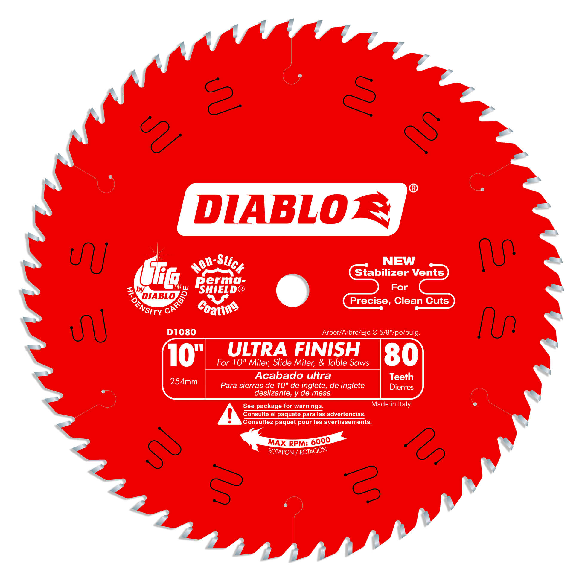 Red circular saw blade with 80 silver teeth, white center hub, and Diablo branding with specifications printed on face.