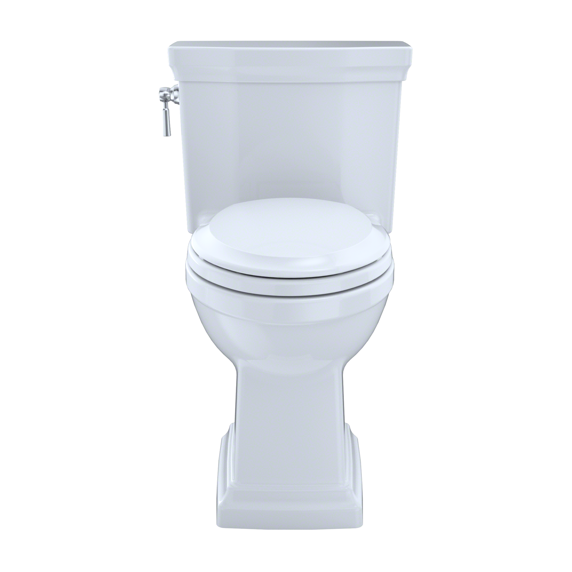 White one-piece elongated toilet with soft-close seat and tank with chrome supply line.
