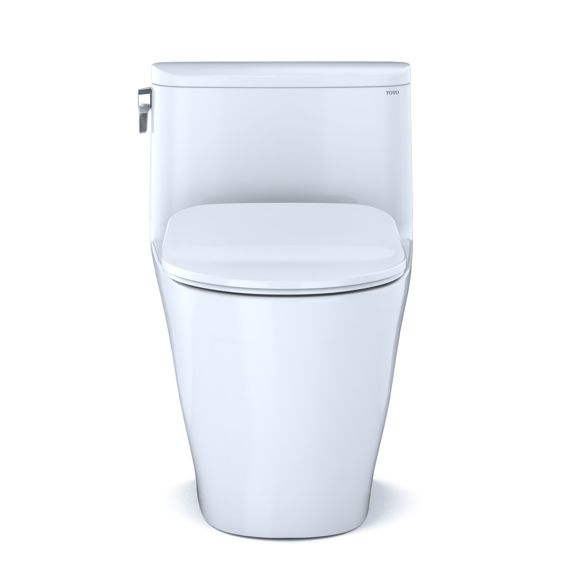 White one-piece elongated toilet with soft-close seat and chrome side lever flush handle.