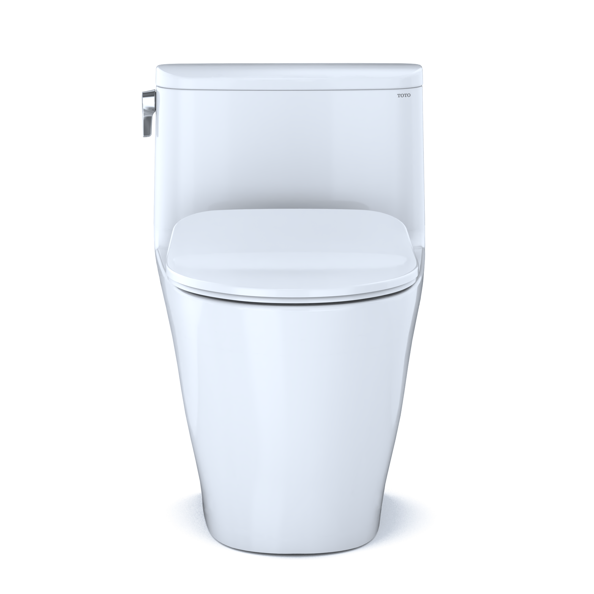 White one-piece elongated toilet with soft-close seat and chrome side lever flush handle.