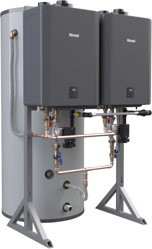 Rinnai hybrid water heating system with two dark gray wall-mounted units, cylindrical storage tank, copper piping, and metal 