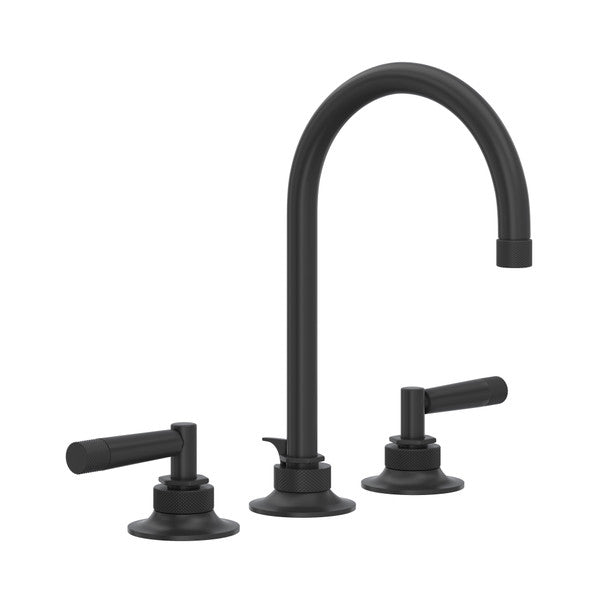 Matte black three-hole bathroom faucet with curved C-spout and lever handles on circular bases.