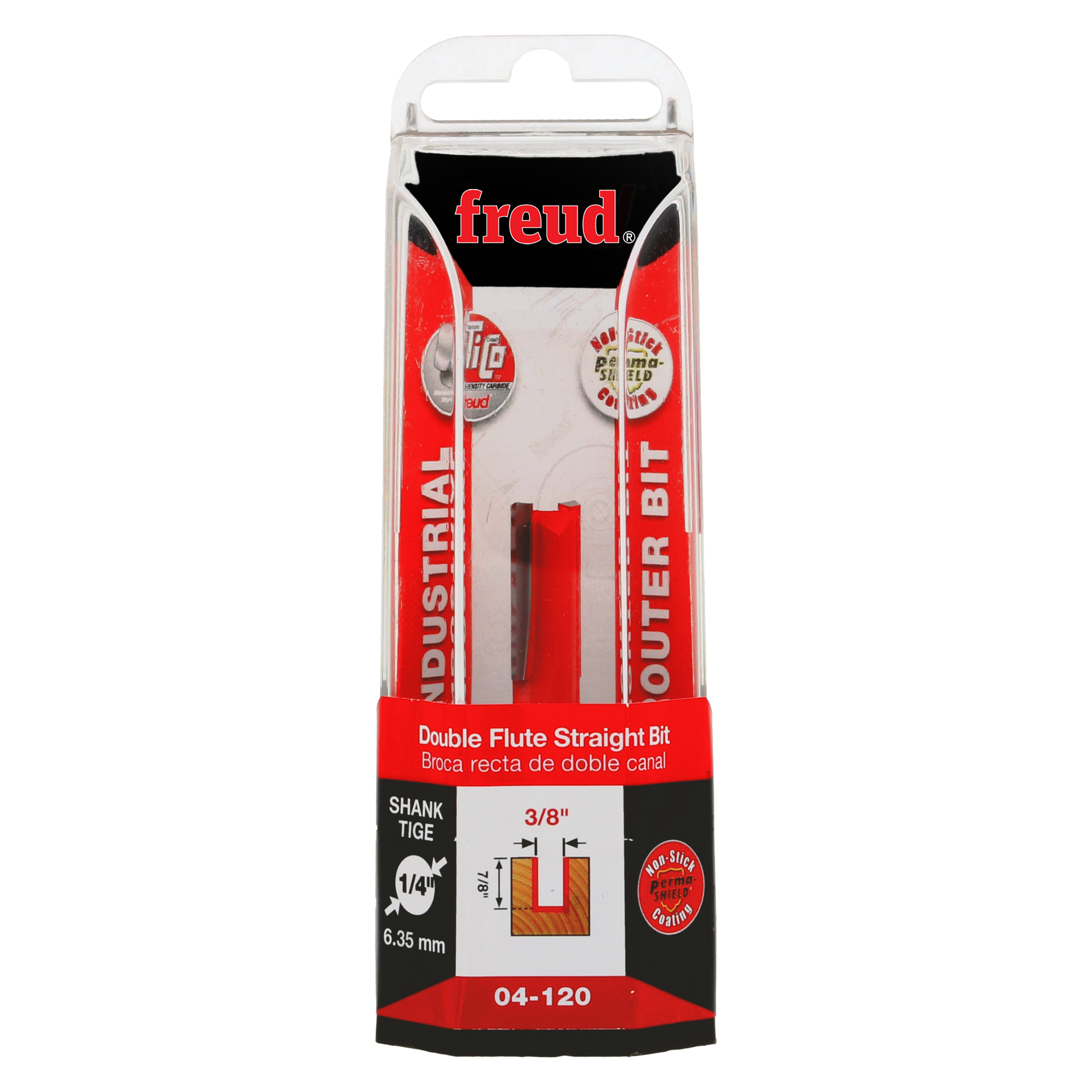 Freud 04-120 3/8" double flute straight router bit with 1/4" shank in clear plastic clamshell packaging.
