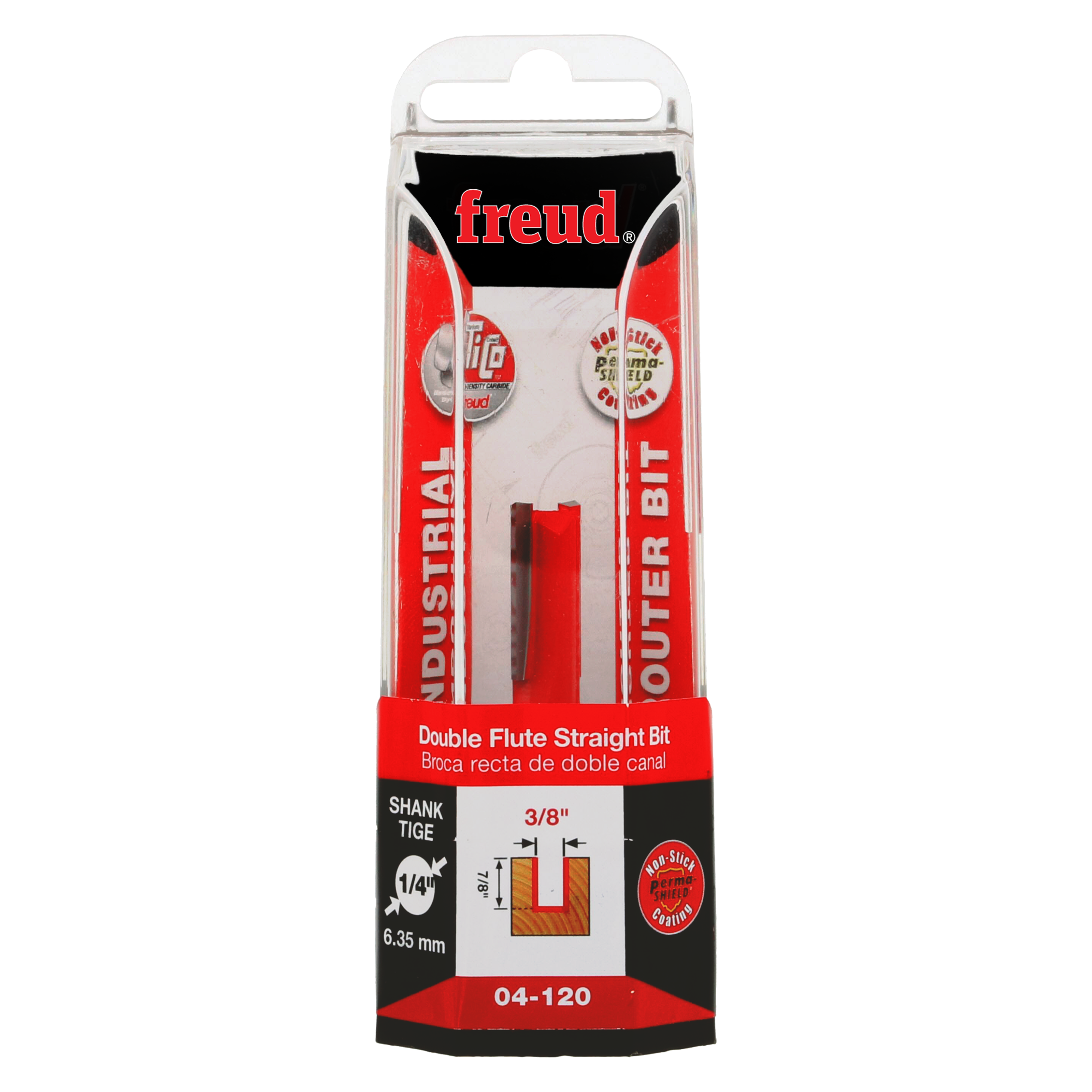 Freud 04-120 3/8" double flute straight router bit with 1/4" shank in clear plastic clamshell packaging.