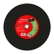 Black circular masonry cutting disc with red and green Diablo label, 14 inch diameter, 1 inch arbor hole.