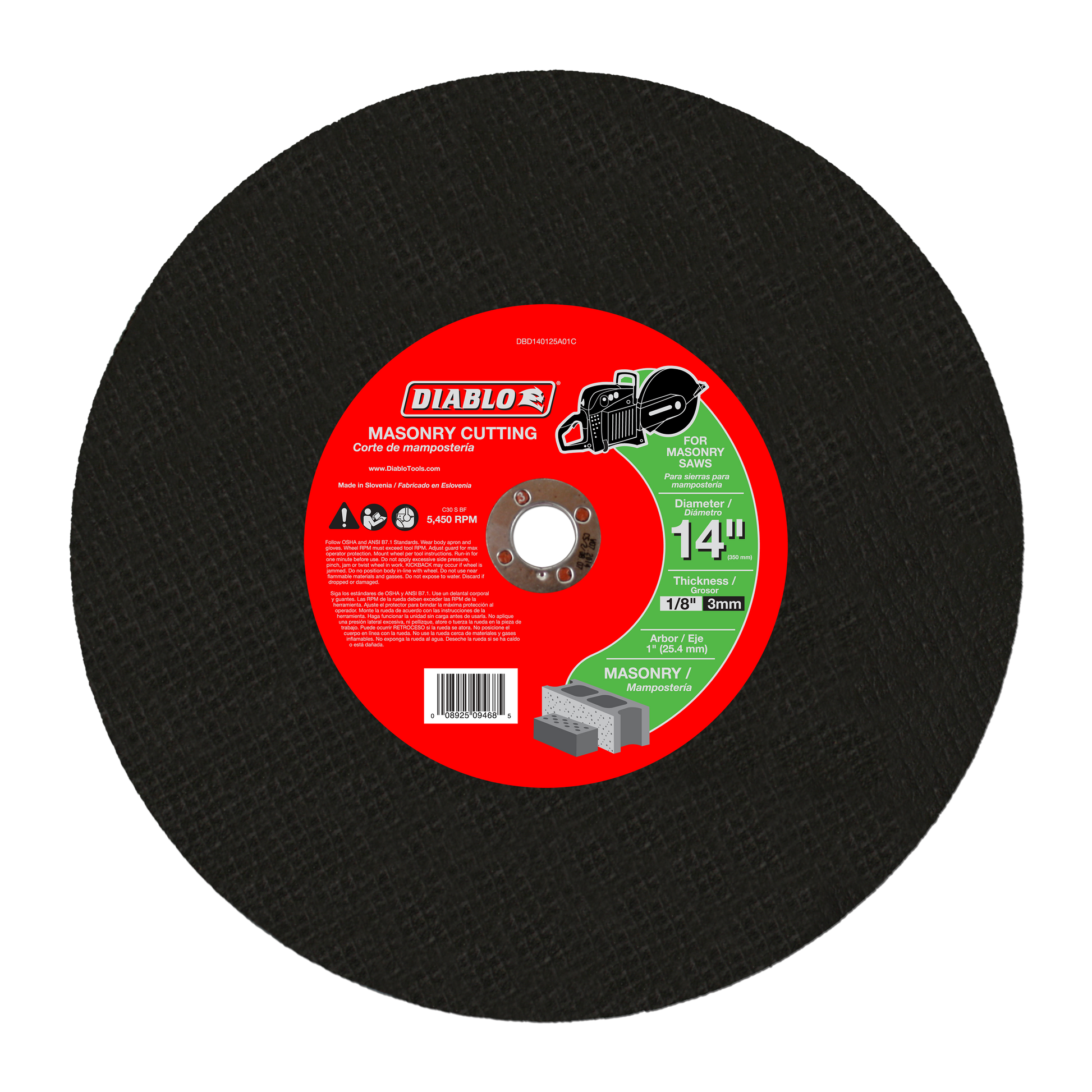 Black circular masonry cutting disc with red and green Diablo label, 14 inch diameter, 1 inch arbor hole.
