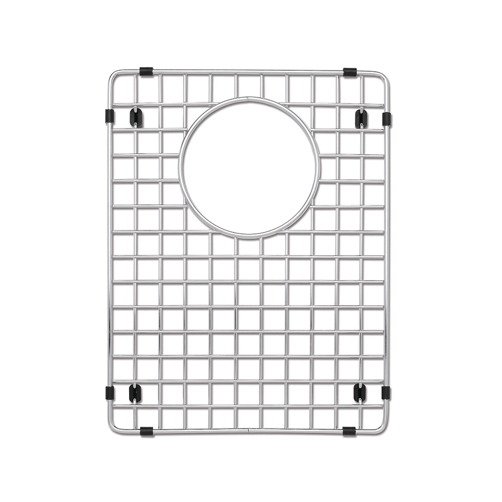 Stainless steel sink grid with square pattern, circular drain opening, and four black rubber feet.