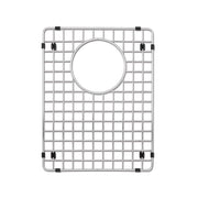 Stainless steel sink grid with square pattern, circular drain opening, and four black rubber feet.
